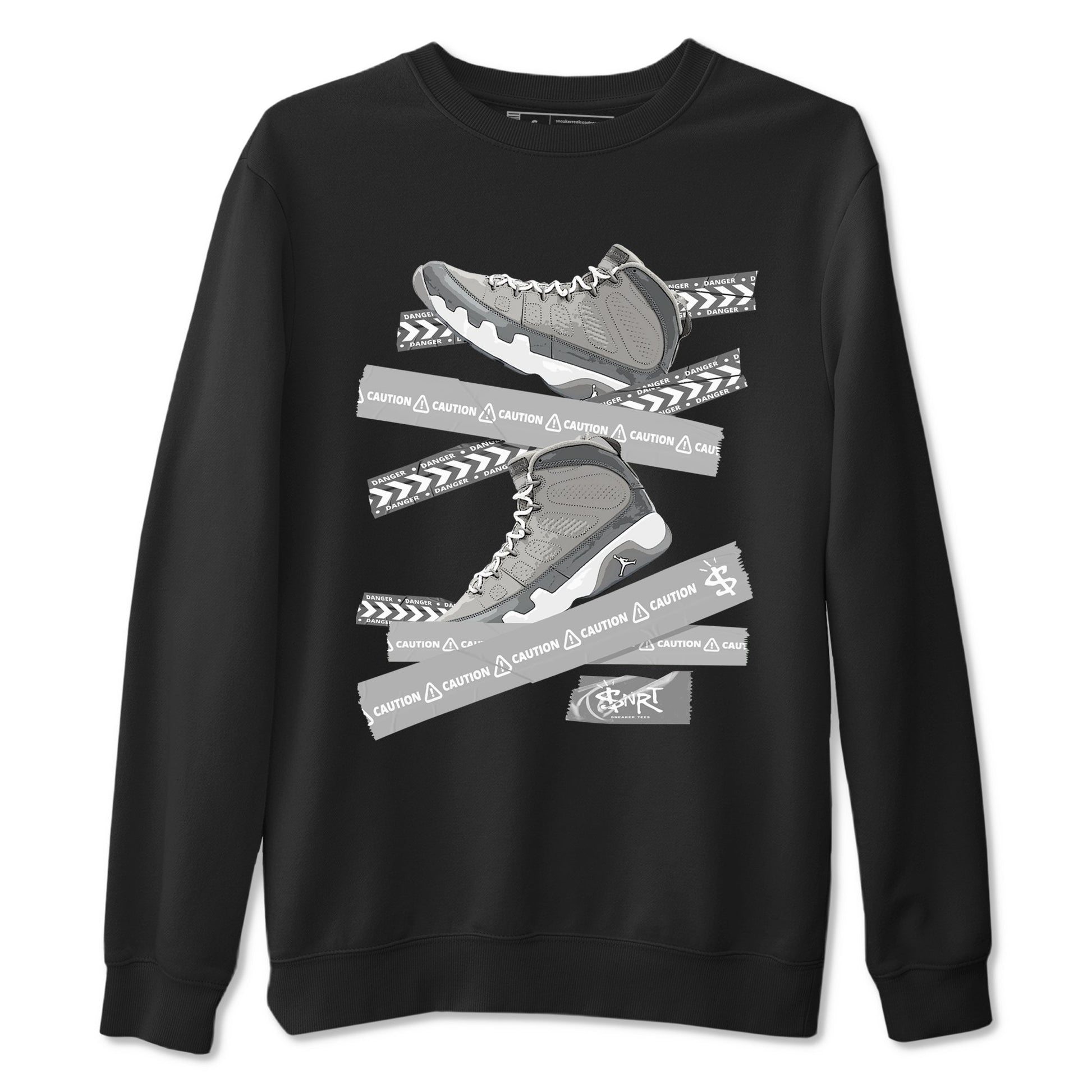 9s Cool Grey best t shirts to wear with jordans Caution Tape sneaker match tees Air Jordan 9 Retro Cool Grey match shoes to clothes SNRT Sneaker Tees unisex cotton Black 2 shirts