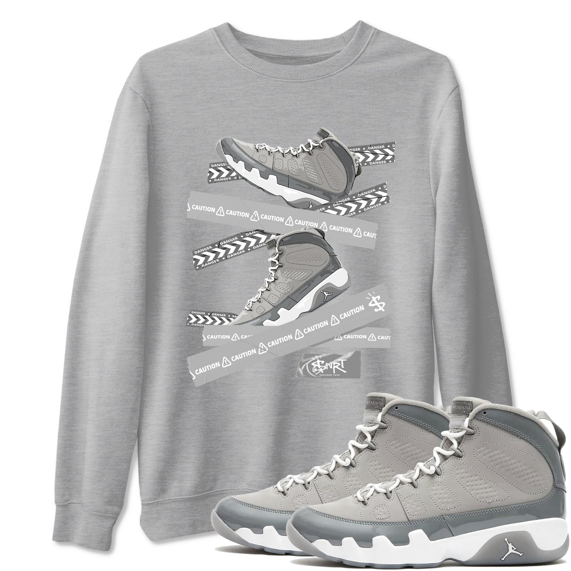 9s Cool Grey best t shirts to wear with jordans Caution Tape sneaker match tees Air Jordan 9 Retro Cool Grey match shoes to clothes SNRT Sneaker Tees unisex cotton Heather Grey 1 shirts