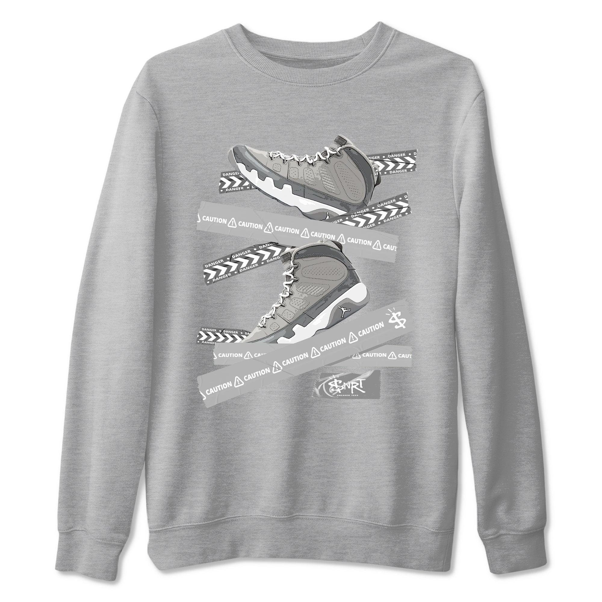 9s Cool Grey best t shirts to wear with jordans Caution Tape sneaker match tees Air Jordan 9 Retro Cool Grey match shoes to clothes SNRT Sneaker Tees unisex cotton Heather Grey 2 shirts