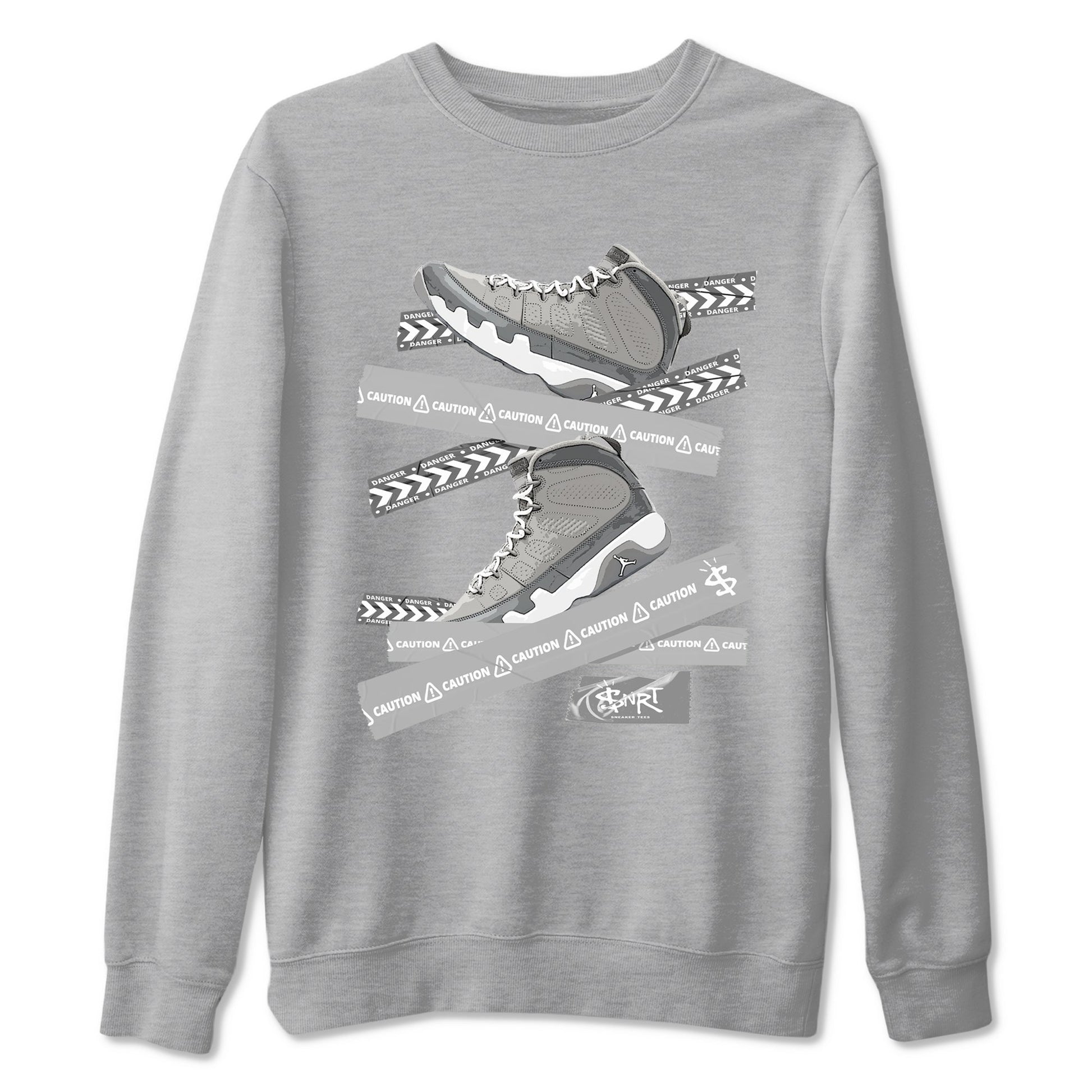 9s Cool Grey best t shirts to wear with jordans Caution Tape sneaker match tees Air Jordan 9 Retro Cool Grey match shoes to clothes SNRT Sneaker Tees unisex cotton Heather Grey 2 shirts