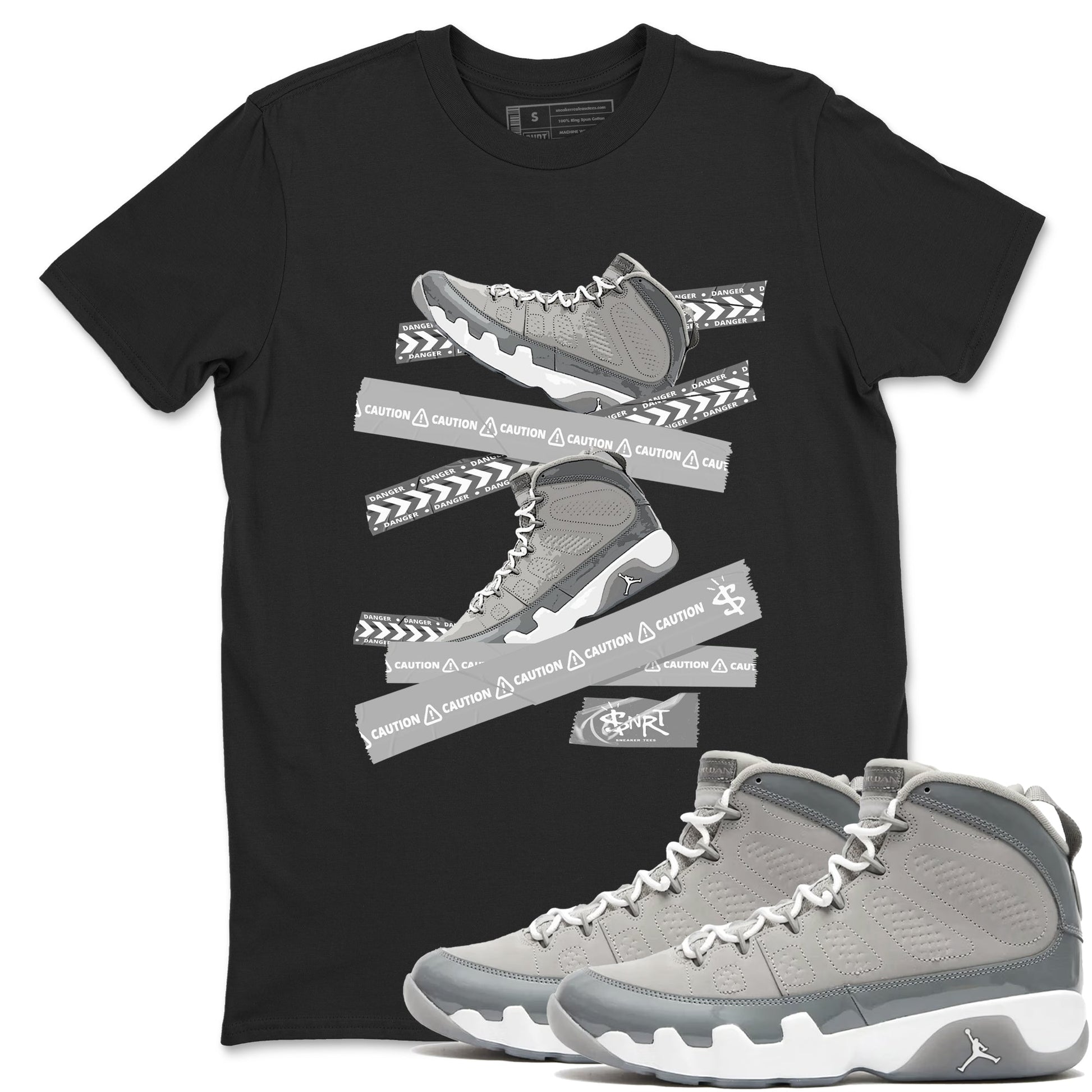 9s Cool Grey best t shirts to wear with jordans Caution Tape sneaker match tees Air Jordan 9 Retro Cool Grey match shoes to clothes SNRT Sneaker Tees unisex cotton Black 1 shirts