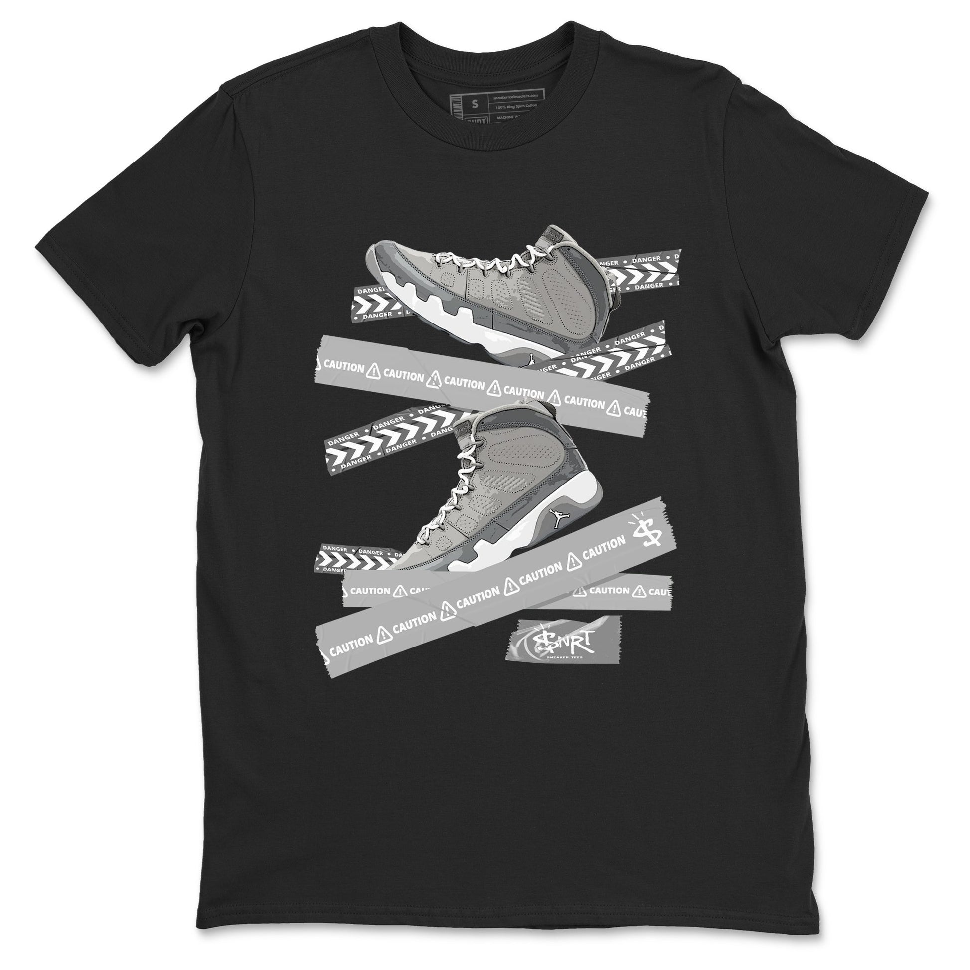 9s Cool Grey best t shirts to wear with jordans Caution Tape sneaker match tees Air Jordan 9 Retro Cool Grey match shoes to clothes SNRT Sneaker Tees unisex cotton Black 2 shirts