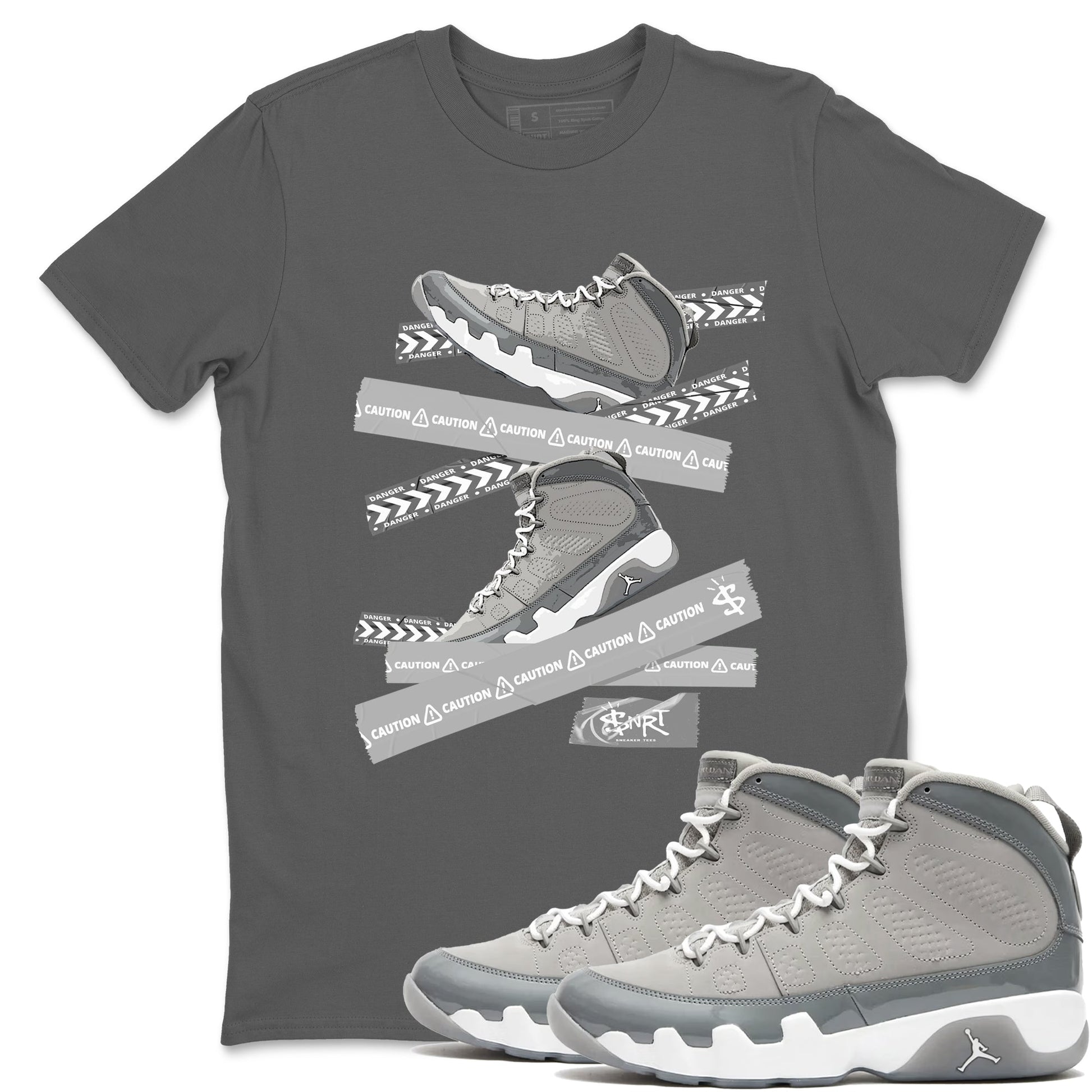 9s Cool Grey best t shirts to wear with jordans Caution Tape sneaker match tees Air Jordan 9 Retro Cool Grey match shoes to clothes SNRT Sneaker Tees unisex cotton Cool Grey 1 shirts