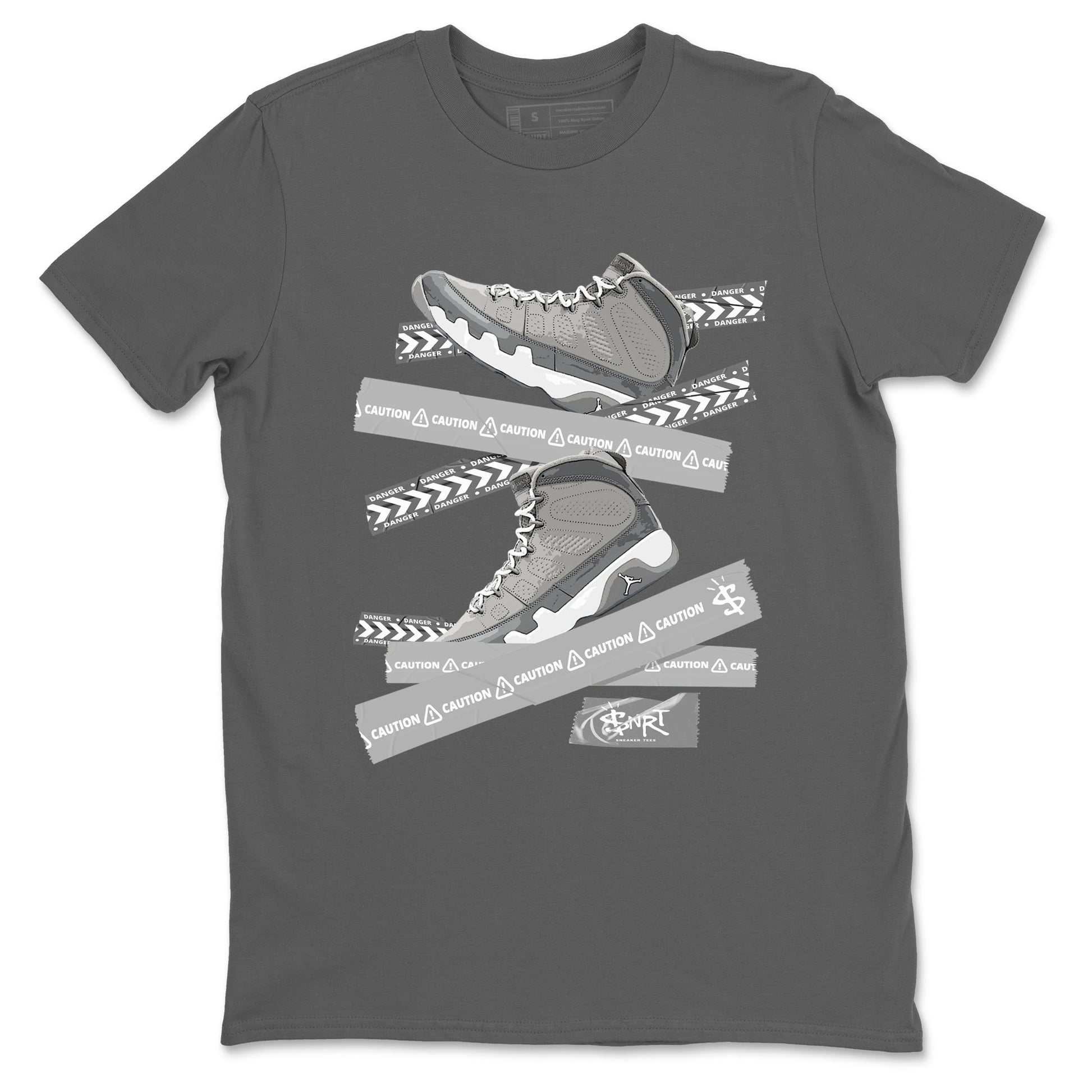 9s Cool Grey best t shirts to wear with jordans Caution Tape sneaker match tees Air Jordan 9 Retro Cool Grey match shoes to clothes SNRT Sneaker Tees unisex cotton Cool Grey 2 shirts