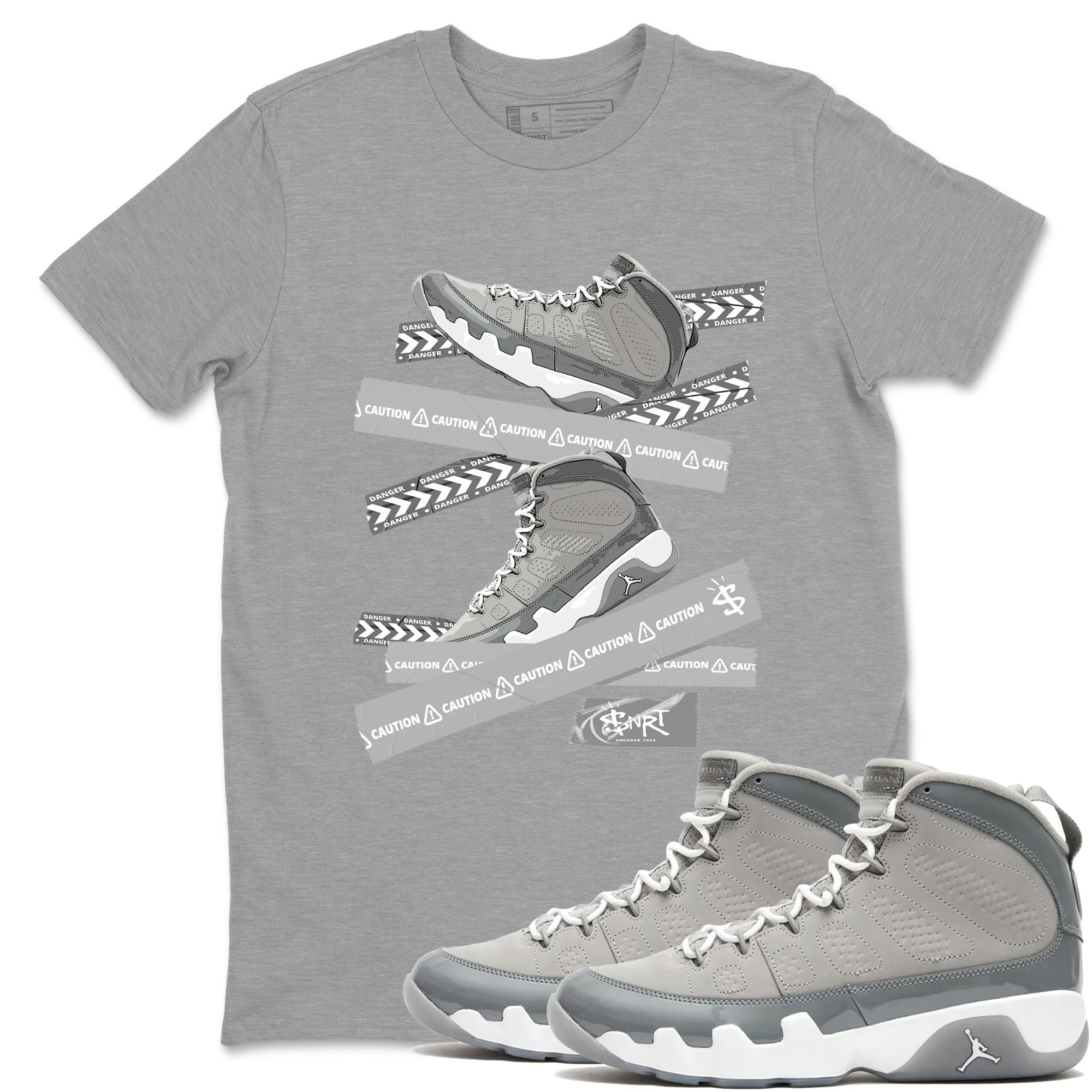 9s Cool Grey best t shirts to wear with jordans Caution Tape sneaker match tees Air Jordan 9 Retro Cool Grey match shoes to clothes SNRT Sneaker Tees unisex cotton Heather Grey 1 shirts