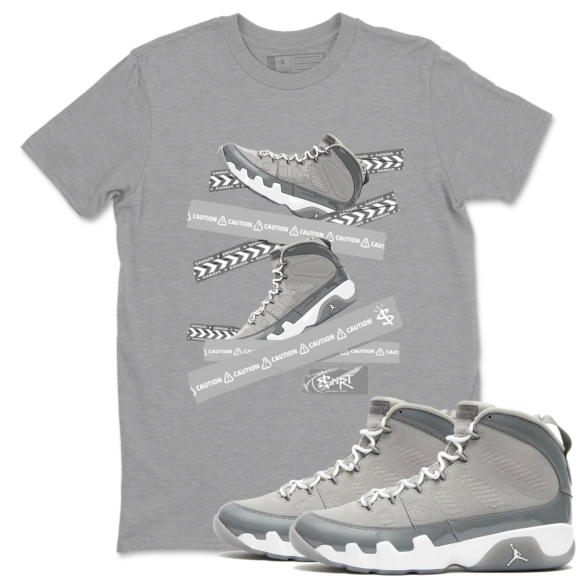 9s Cool Grey best t shirts to wear with jordans Caution Tape sneaker match tees Air Jordan 9 Retro Cool Grey match shoes to clothes SNRT Sneaker Tees unisex cotton Heather Grey 1 shirts