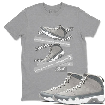 9s Cool Grey best t shirts to wear with jordans Caution Tape sneaker match tees Air Jordan 9 Retro Cool Grey match shoes to clothes SNRT Sneaker Tees unisex cotton Heather Grey 1 shirts