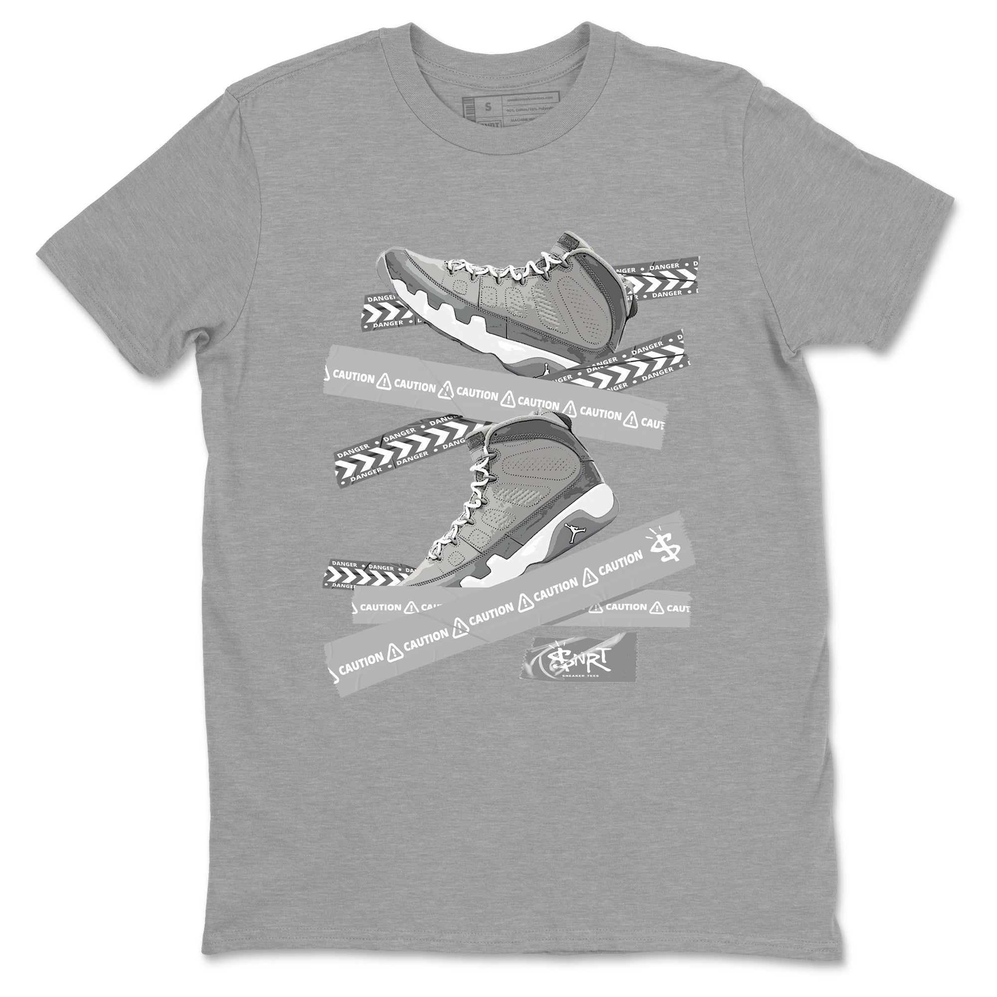 9s Cool Grey best t shirts to wear with jordans Caution Tape sneaker match tees Air Jordan 9 Retro Cool Grey match shoes to clothes SNRT Sneaker Tees unisex cotton Heather Grey 2 shirts