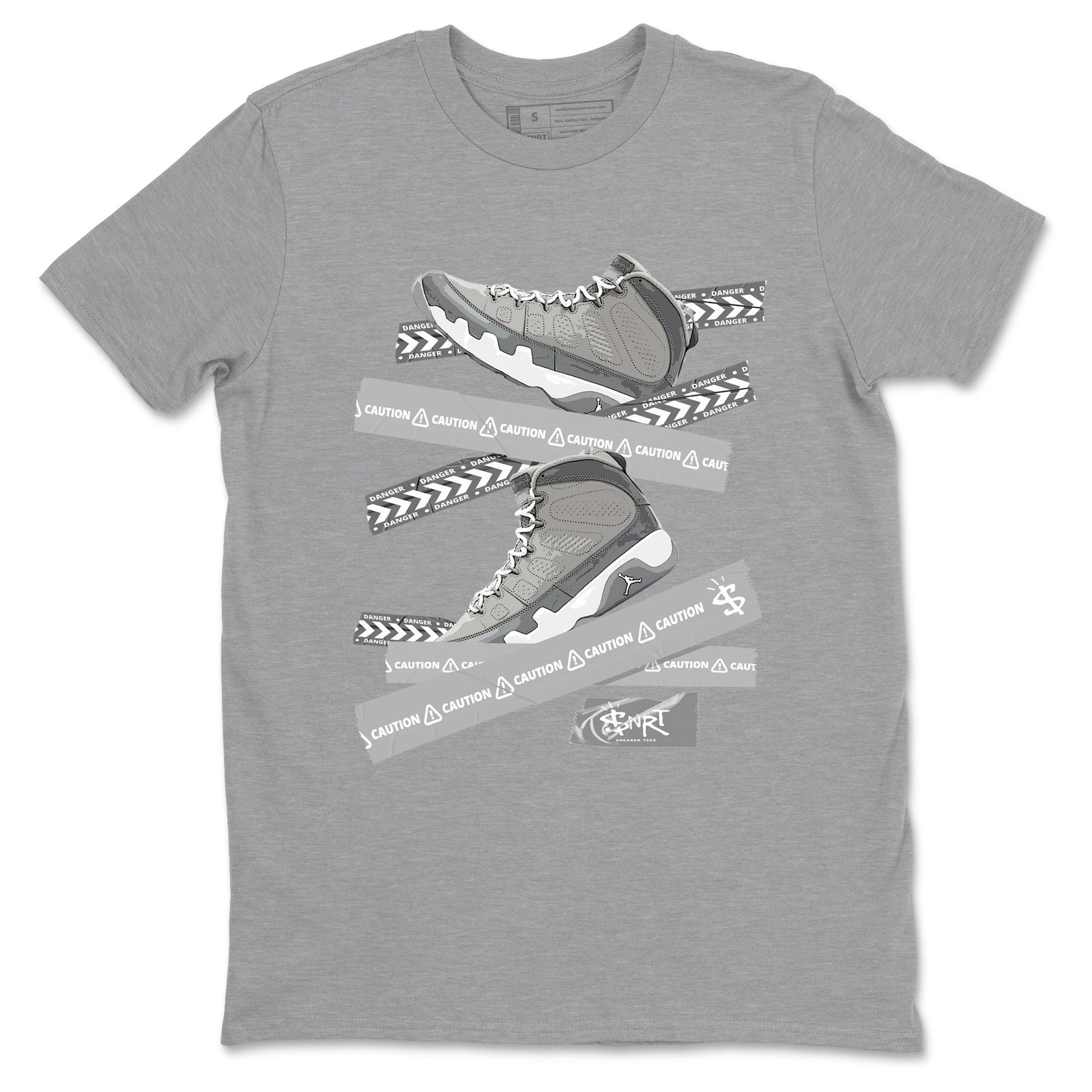 9s Cool Grey best t shirts to wear with jordans Caution Tape sneaker match tees Air Jordan 9 Retro Cool Grey match shoes to clothes SNRT Sneaker Tees unisex cotton Heather Grey 2 shirts
