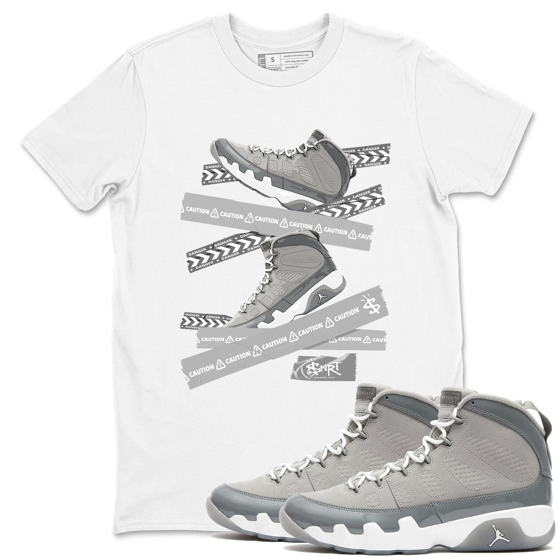 9s Cool Grey best t shirts to wear with jordans Caution Tape sneaker match tees Air Jordan 9 Retro Cool Grey match shoes to clothes SNRT Sneaker Tees unisex cotton White 1 shirts