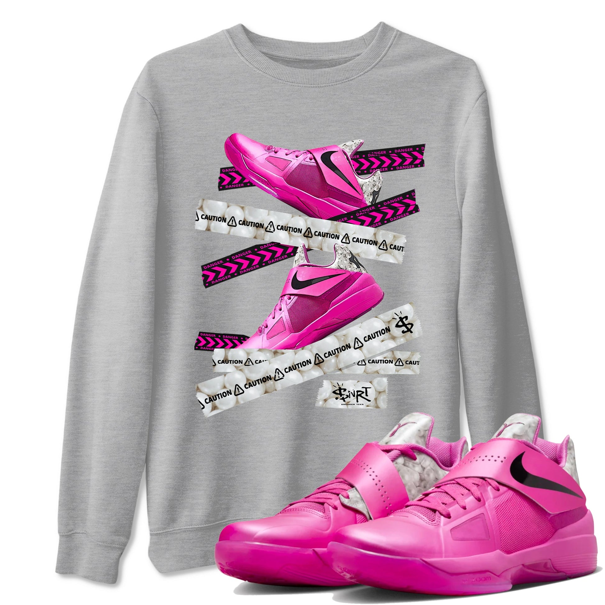 Nike KD 4 Retro Aunt Pearl shirts to match jordans Caution Tape sneaker match tees Nike KD 4 Aunt Pearl match shoes to clothes SNRT Sneaker Tees unisex cotton Heather Grey 1 shirts