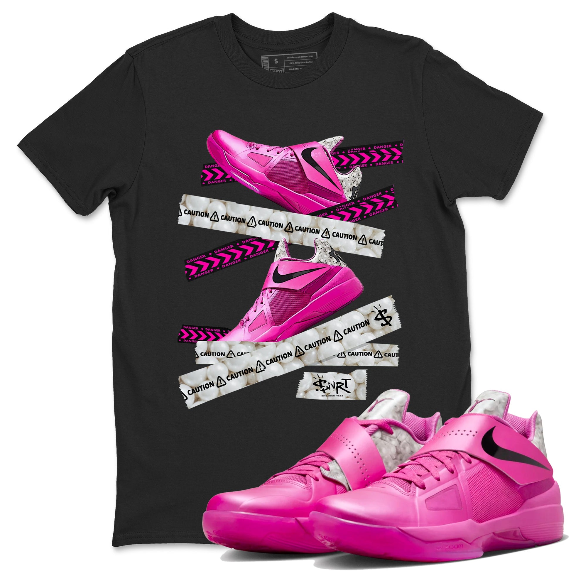 Nike KD 4 Retro Aunt Pearl shirts to match jordans Caution Tape sneaker match tees Nike KD 4 Aunt Pearl match shoes to clothes SNRT Sneaker Tees unisex cotton Black 1 shirts