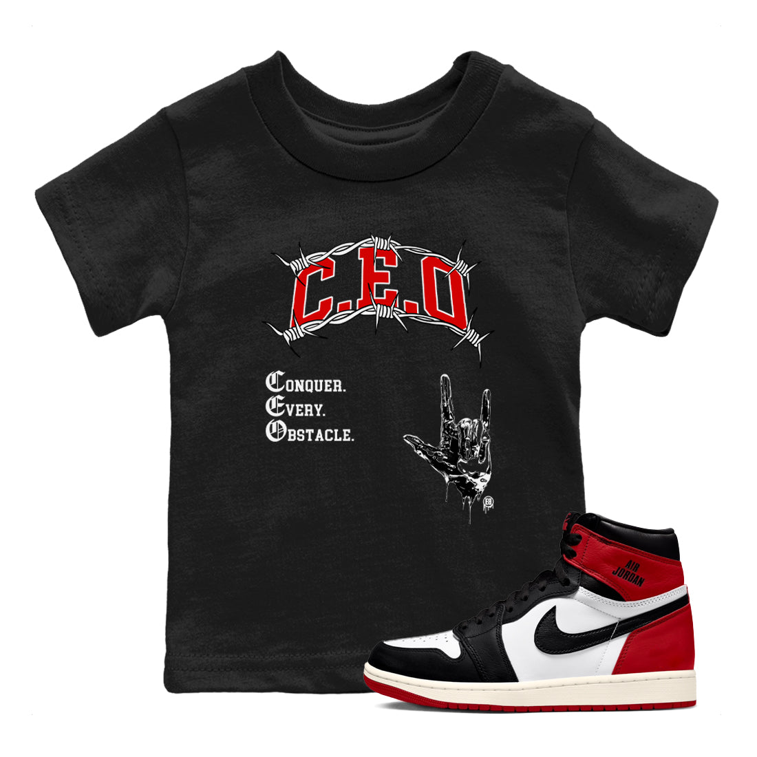 1s Black Toe Reimagined shirts to match jordans CEO sneaker match tees Air Jordan 1 Black Toe Reimagined match shoes to clothes SNRT Sneaker Tees Youth Baby Black 1 tee