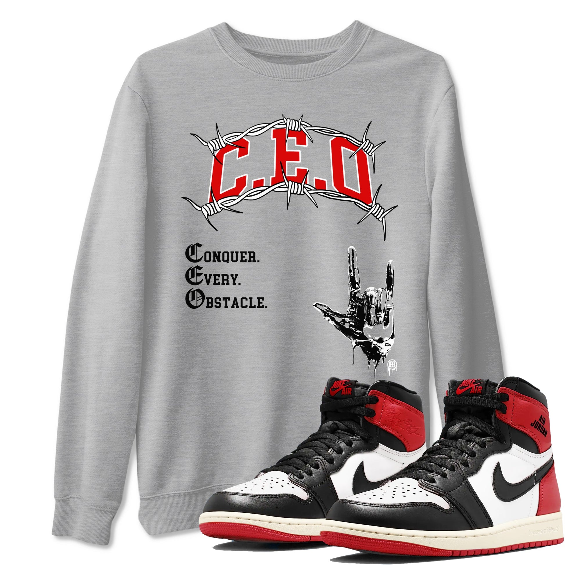 1s Black Toe Reimagined shirts to match jordans CEO sneaker match tees Air Jordan 1 Black Toe Reimagined match shoes to clothes SNRT Sneaker Tees unisex cotton Heather Grey 1 shirts