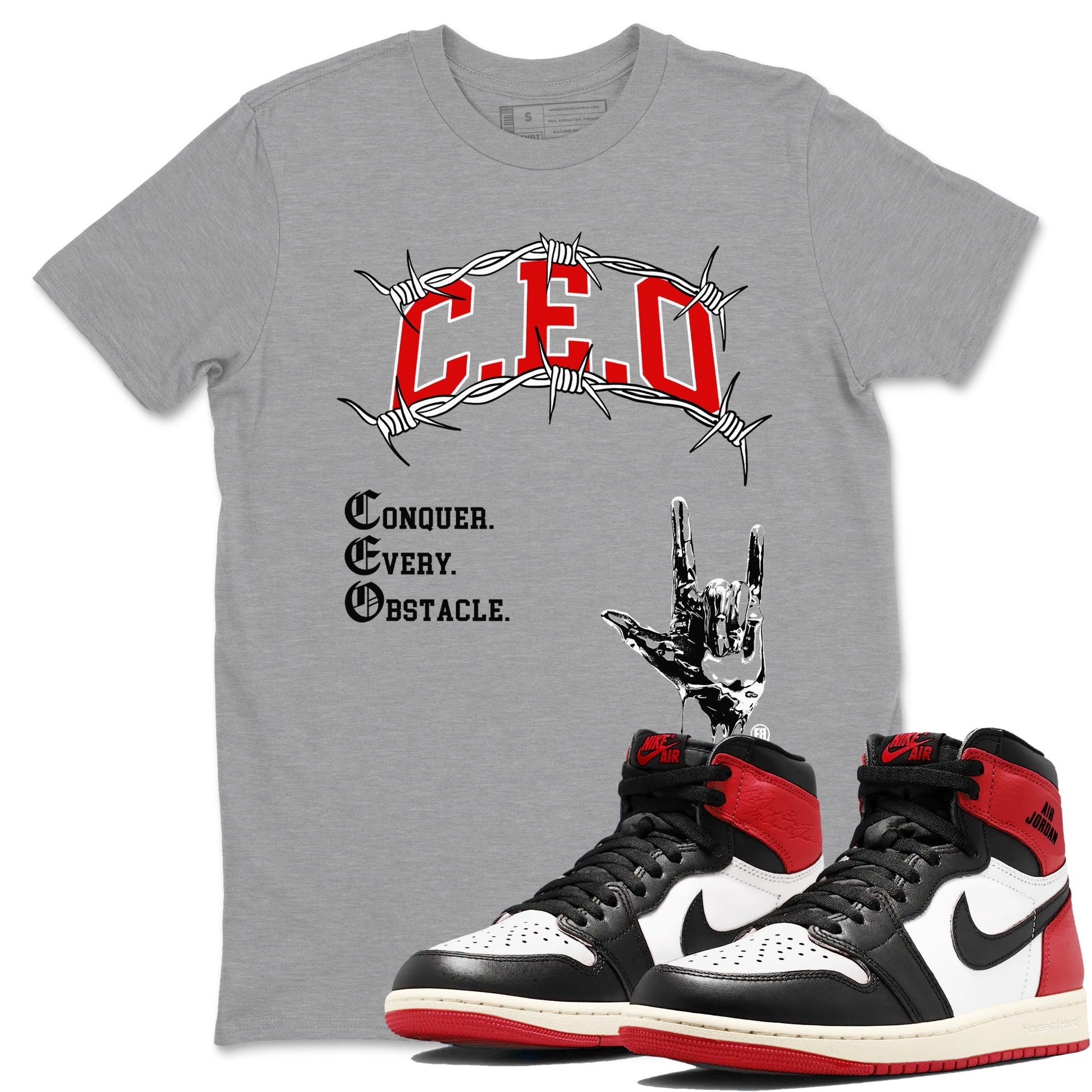 1s Black Toe Reimagined shirts to match jordans CEO sneaker match tees Air Jordan 1 Black Toe Reimagined match shoes to clothes SNRT Sneaker Tees unisex cotton Heather Grey 1 shirts