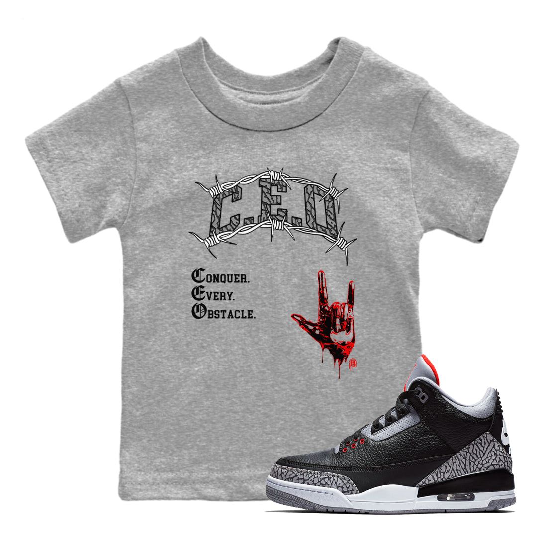 3s Black Cement shirts to match jordans CEO sneaker match tees Air Jordan 3 Black Cement match shoes to clothes SNRT Sneaker Tees Youth Baby Heather Grey 1 tee