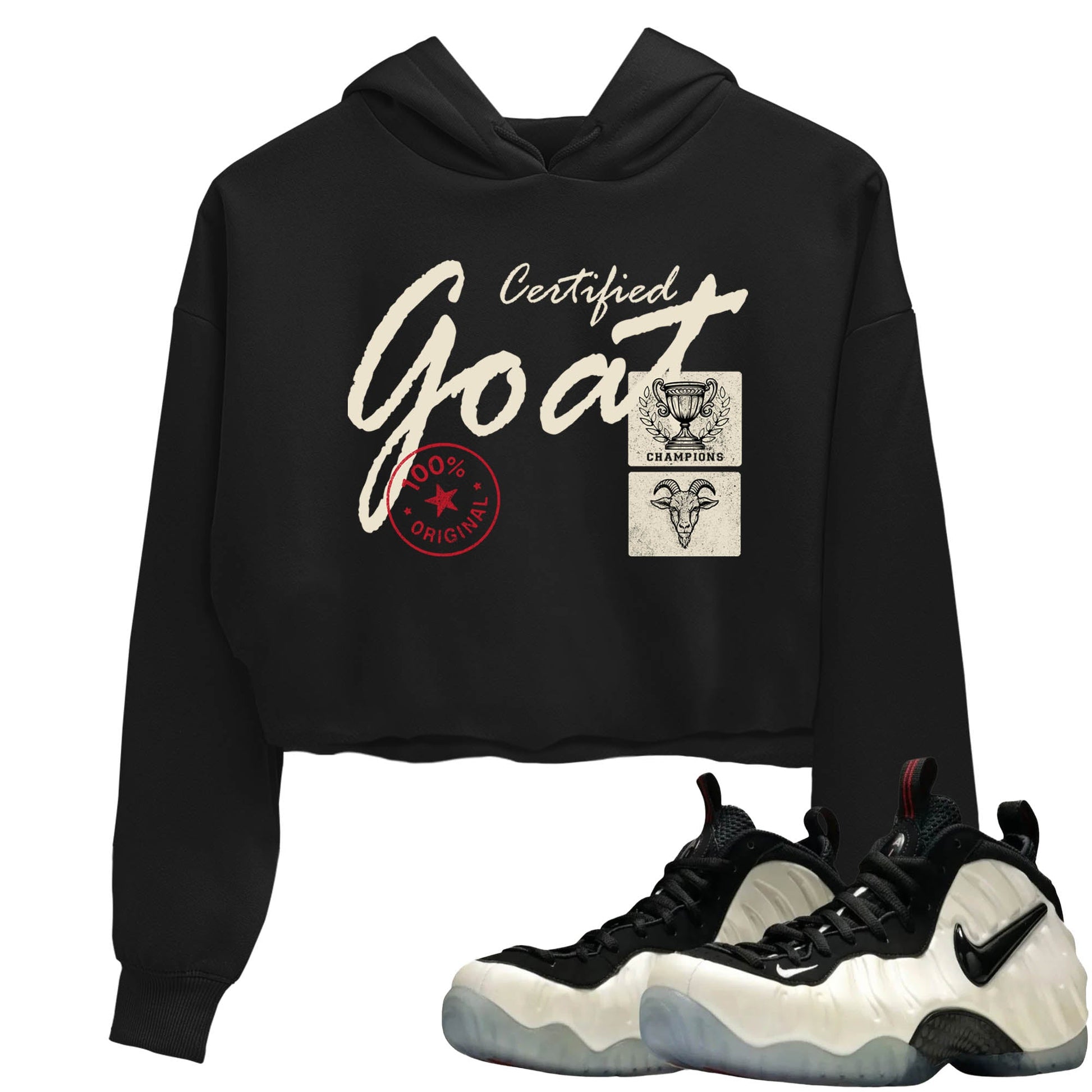 Sneaker Threads – Sneaker Tees To Match Air Foamposite One Pearl – Certified Goat Crop Tee Black 1. Perfect for Jordan releases 2025 colorways.