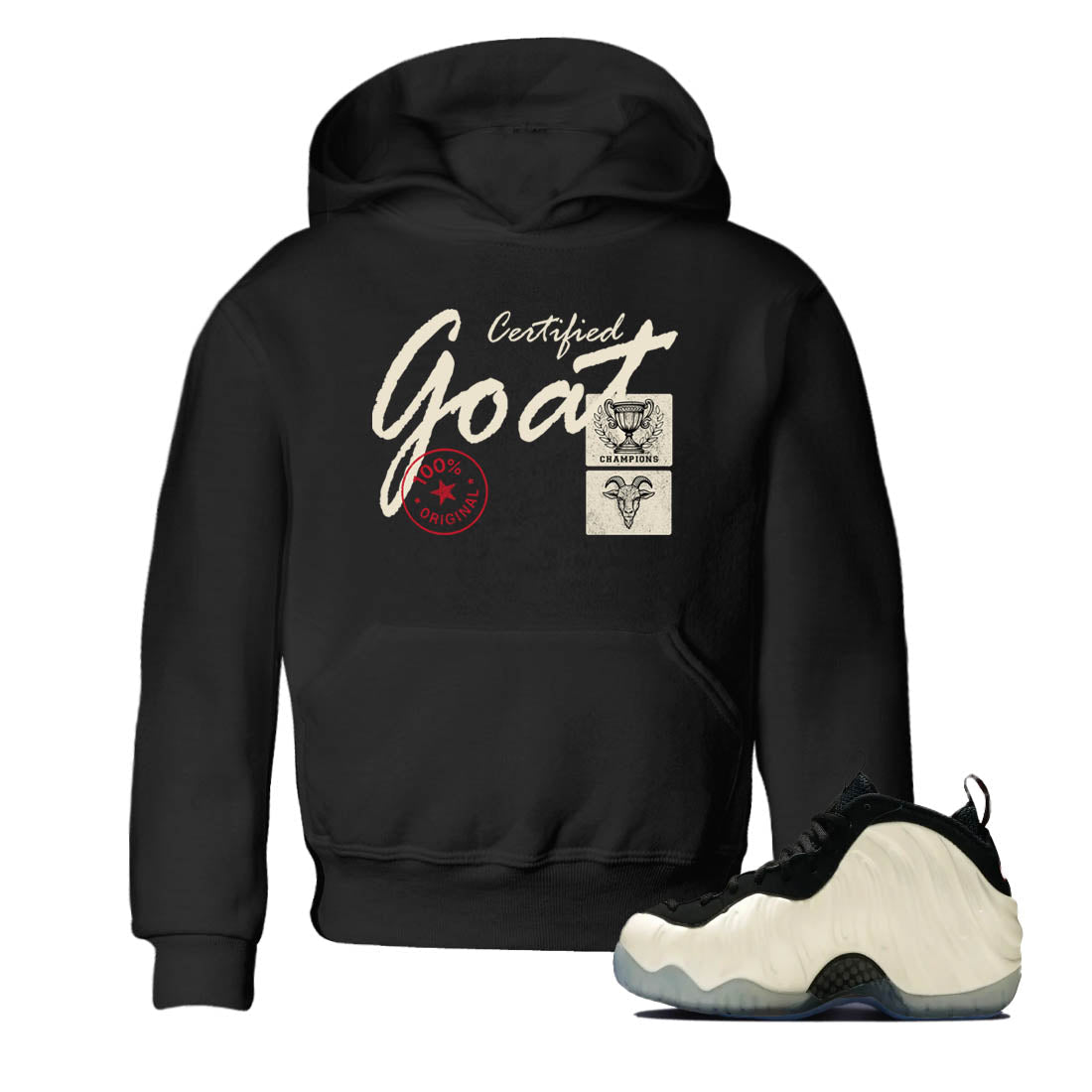 Sneaker Threads – Sneaker Tees To Match Air Foamposite One Pearl – Certified Goat Youth Graphic Tee Black 1. Perfect for Jordan releases 2025 colorways.