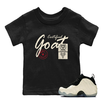 Sneaker Threads – Sneaker Tees To Match Air Foamposite One Pearl – Certified Goat Youth Graphic Tee Black 1. Perfect for Jordan releases 2025 colorways.
