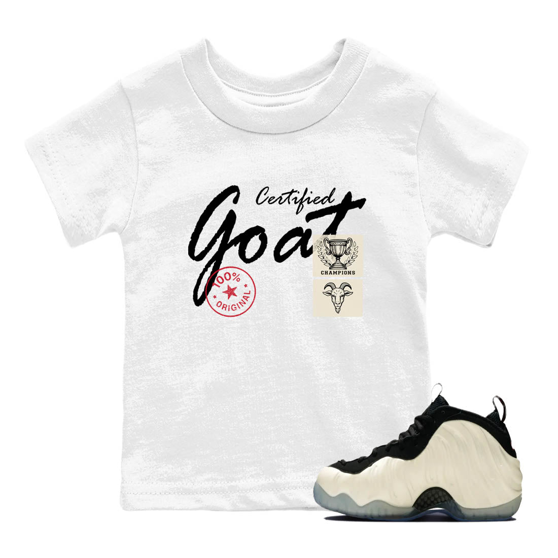 Sneaker Threads – Sneaker Tees To Match Air Foamposite One Pearl – Certified Goat Youth Graphic Tee White 1. Perfect for Jordan releases 2025 colorways.