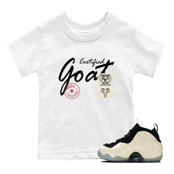 Sneaker Threads – Sneaker Tees To Match Air Foamposite One Pearl – Certified Goat Youth Graphic Tee White 1. Perfect for Jordan releases 2025 colorways.