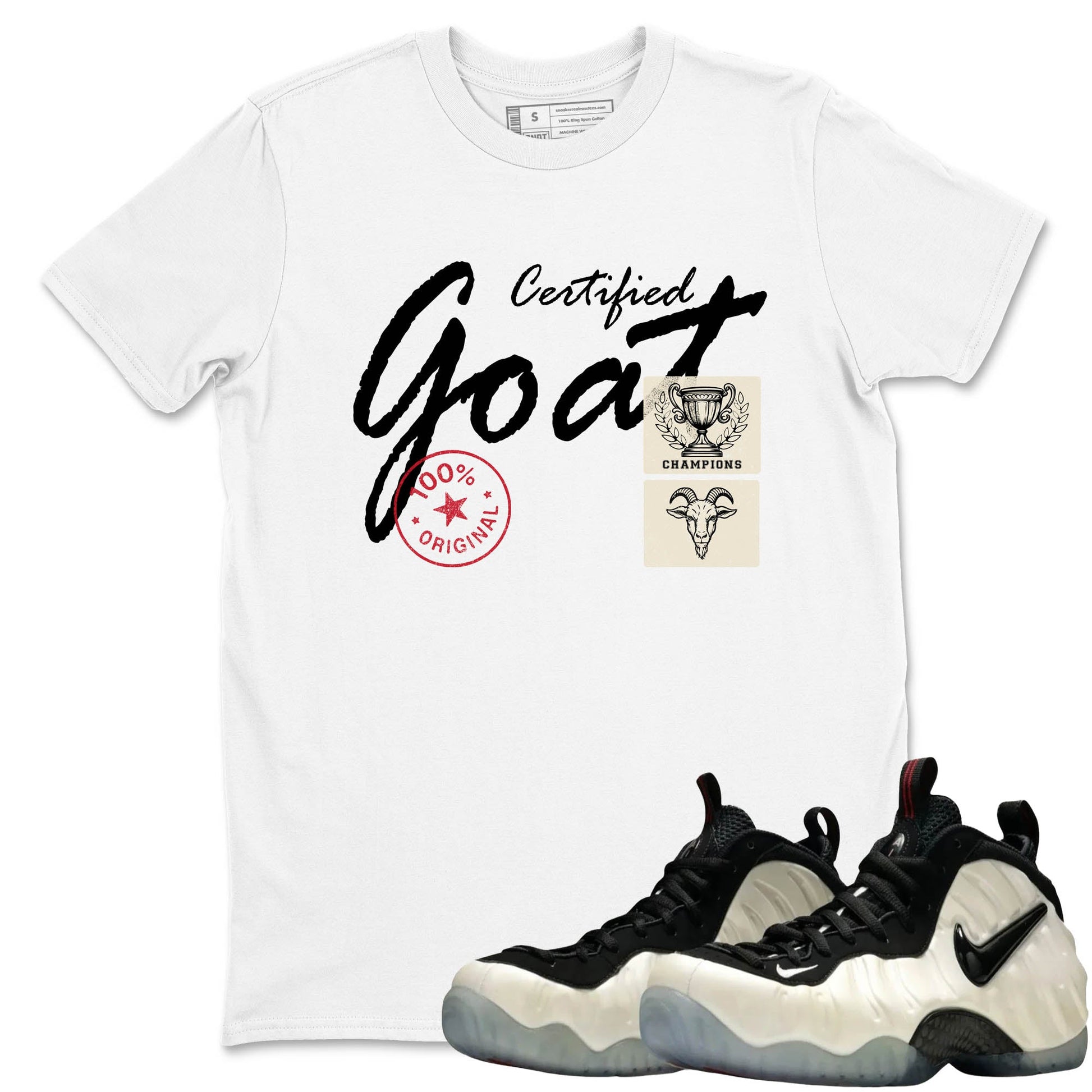 Sneaker Threads – Sneaker Tees To Match Air Foamposite One Pearl – Certified Goat Graphic Tee White 1. Perfect for Jordan releases 2025 colorways.