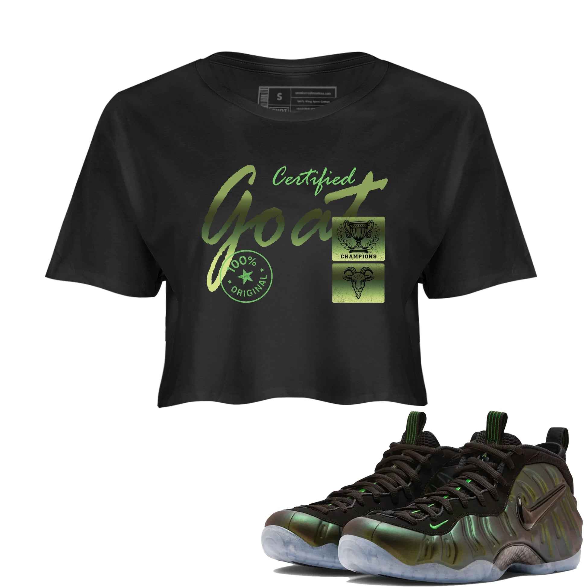 Best Christmas gifts for sneakerheads - Sneaker Tees To Match Air Foamposite One Pine Green Sneakers – Certified Goat Crop T-Shirt Black 1