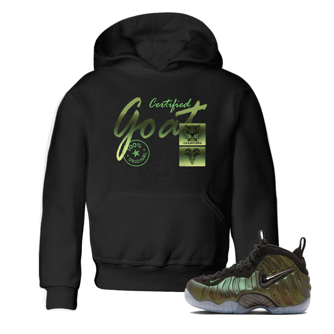 Best Christmas gifts for sneakerheads - Sneaker Tees To Match Air Foamposite One Pine Green Sneakers – Certified Goat Kids T-Shirt Black 1
