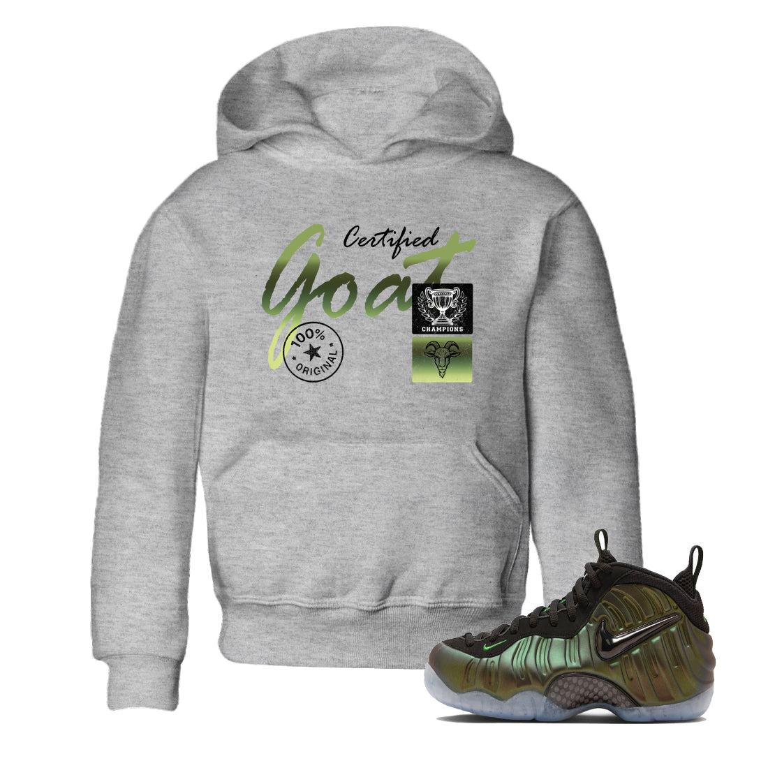 Best Christmas gifts for sneakerheads - Sneaker Tees To Match Air Foamposite One Pine Green Sneakers – Certified Goat Kids T-Shirt Heather Grey 1