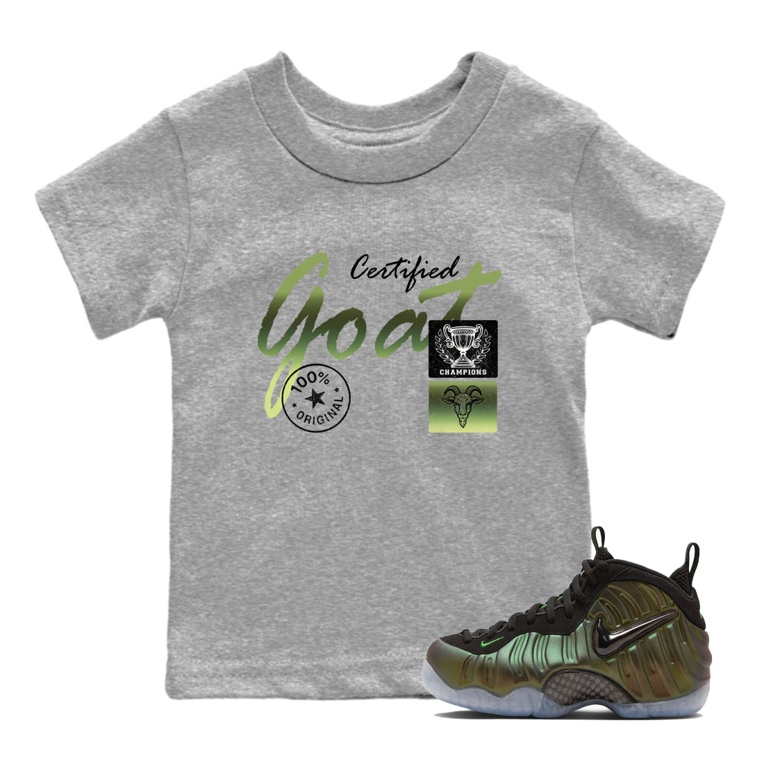 Best Christmas gifts for sneakerheads - Sneaker Tees To Match Air Foamposite One Pine Green Sneakers – Certified Goat Kids T-Shirt Heather Grey 1
