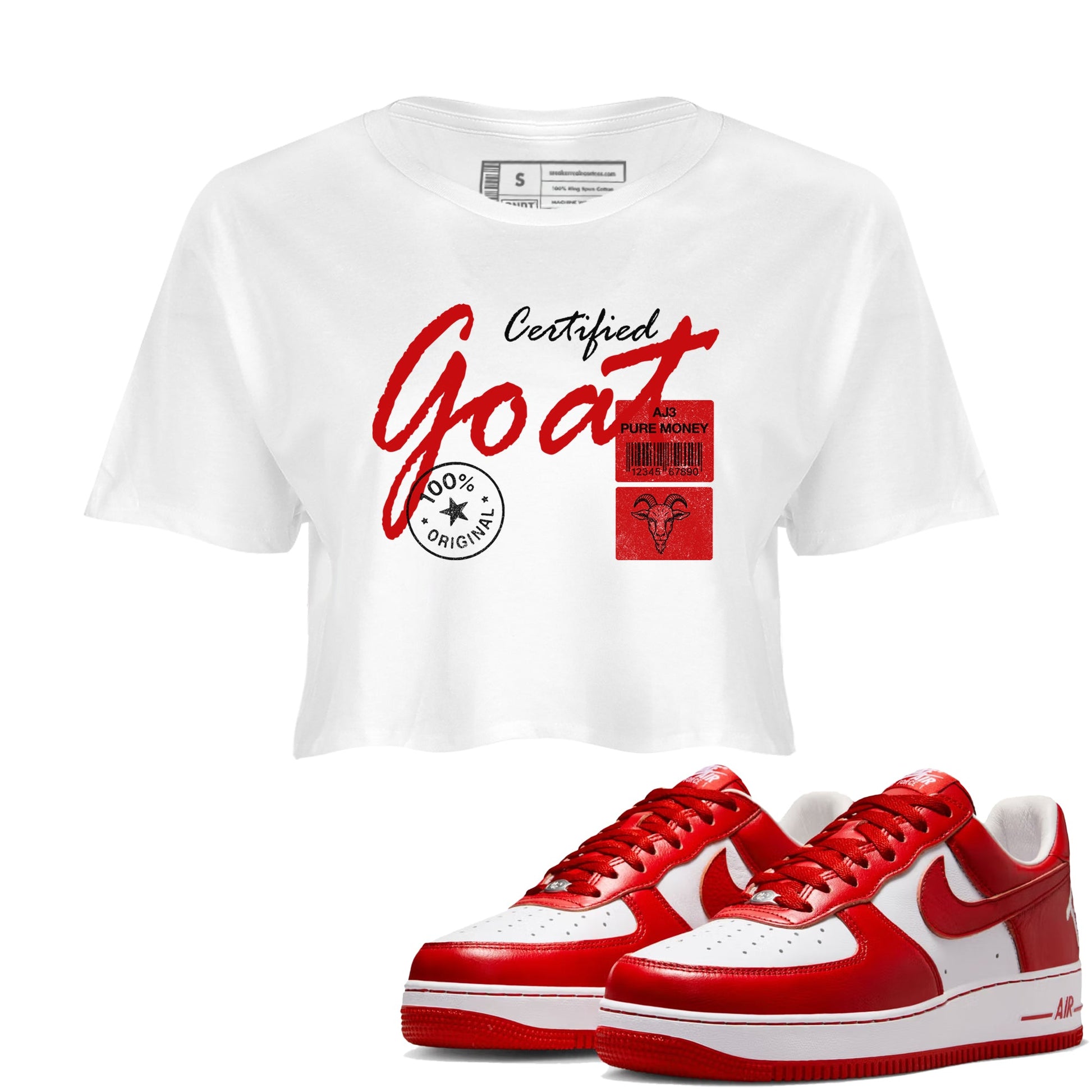 Certified Goat womens crop tee made to vibe with the Air Force 1 University Red sneakers — the perfect match in White 1.