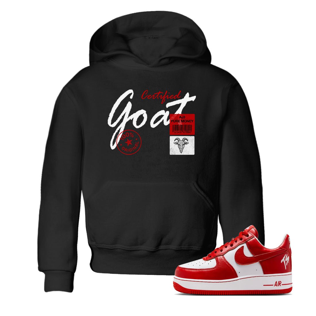 Certified Goat baby and kids t-shirt crafted for little sneakerheads to shine with the Air Force 1 University Red sneakers, displayed in Black 1.