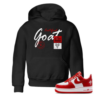 Certified Goat baby and kids t-shirt crafted for little sneakerheads to shine with the Air Force 1 University Red sneakers, displayed in Black 1.