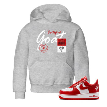 Certified Goat baby and kids t-shirt crafted for little sneakerheads to shine with the Air Force 1 University Red sneakers, displayed in Heather Grey 1.