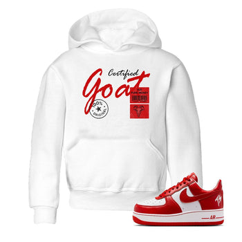 Certified Goat baby and kids t-shirt crafted for little sneakerheads to shine with the Air Force 1 University Red sneakers, displayed in White 1.