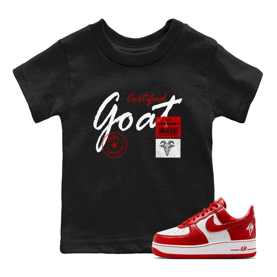 Certified Goat baby and kids t-shirt crafted for little sneakerheads to shine with the Air Force 1 University Red sneakers, displayed in Black 1.