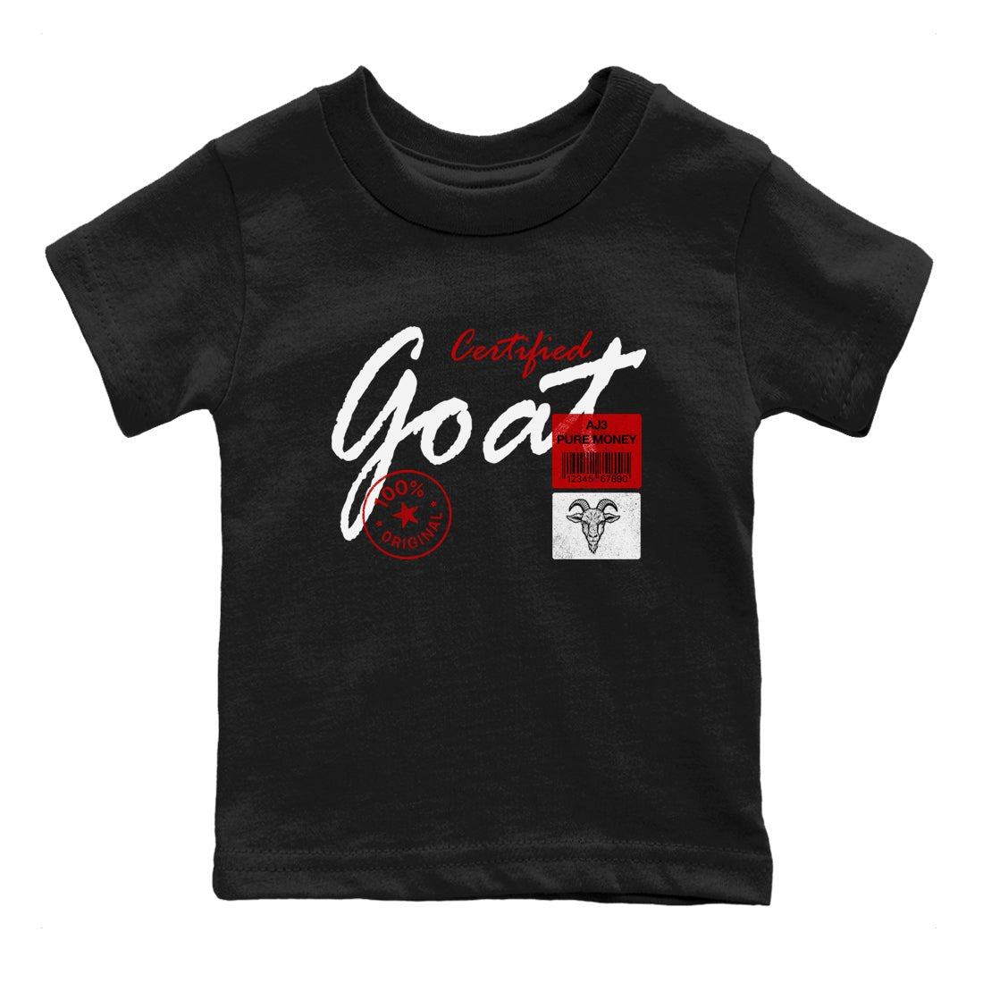 Certified Goat baby and kids t-shirt crafted for little sneakerheads to shine with the Air Force 1 University Red sneakers, displayed in Black 2.