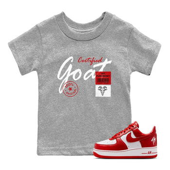 Certified Goat baby and kids t-shirt crafted for little sneakerheads to shine with the Air Force 1 University Red sneakers, displayed in Heather Grey 1.
