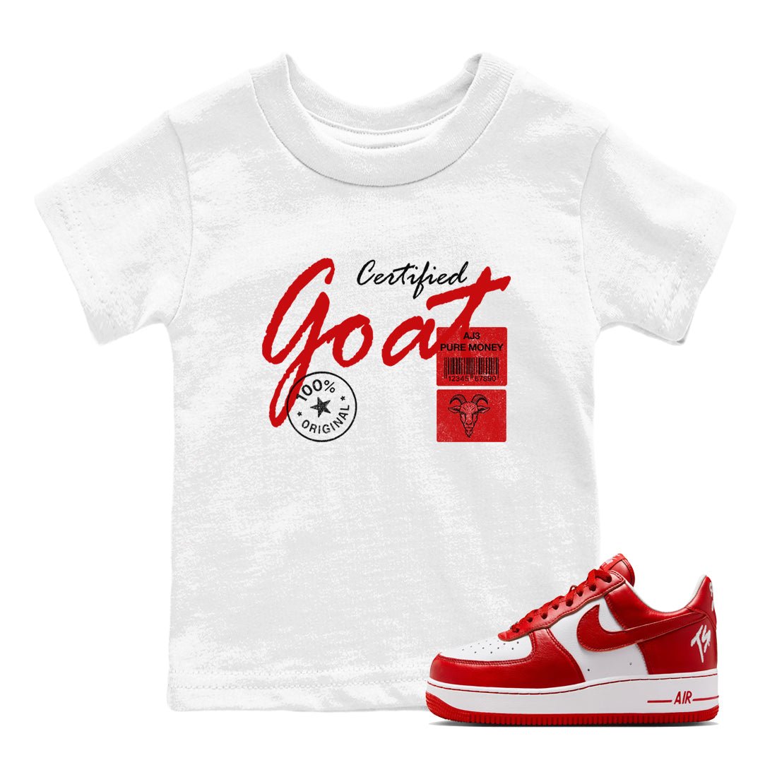 Certified Goat baby and kids t-shirt crafted for little sneakerheads to shine with the Air Force 1 University Red sneakers, displayed in White 1.