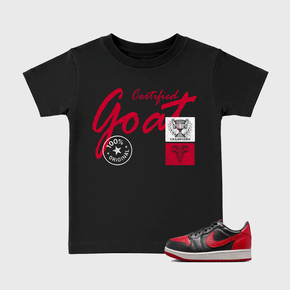 Sneaker match tees – Sneaker Tees To Match Air Jordan 1 Banned Shoes – Certified Goat Kids T-Shirt Black 1