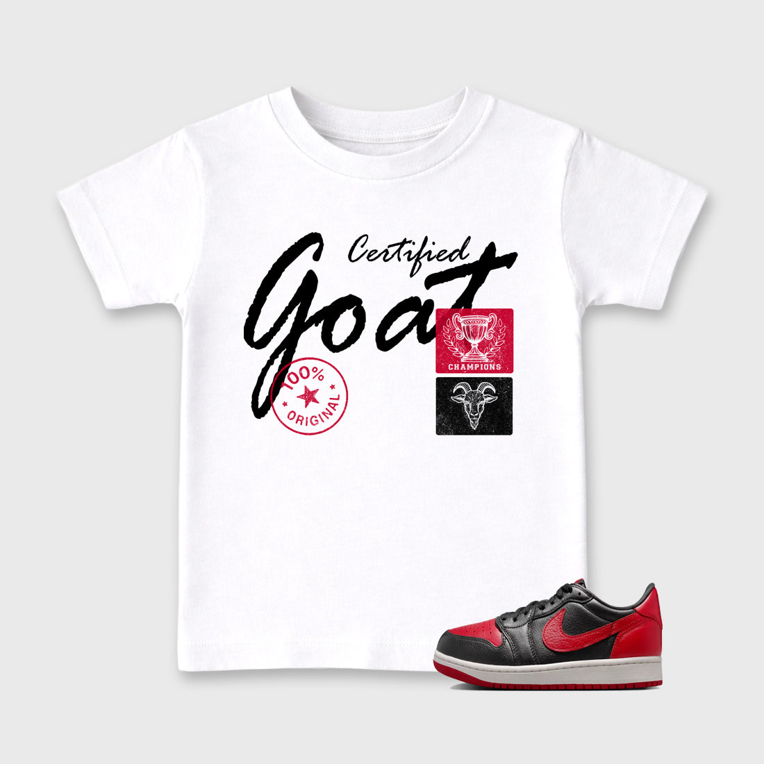 Sneaker match tees – Sneaker Tees To Match Air Jordan 1 Banned Shoes – Certified Goat Kids T-Shirt White 1
