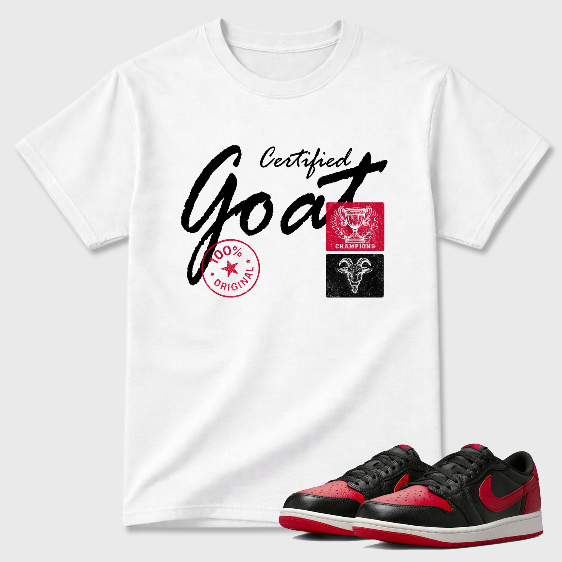 Sneaker match tees – Sneaker Tees To Match Air Jordan 1 Banned Shoes – Certified Goat Tee White 1