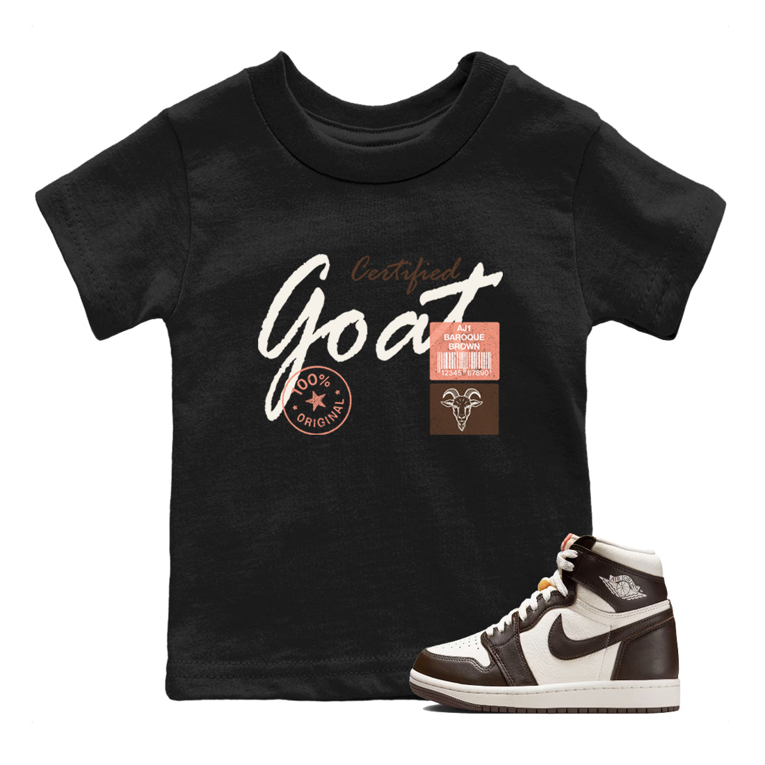 Sneaker match tees – Sneaker Tees To Match Air Jordan 1 Baroque Brown Shoes – Certified Goat Kids T-Shirt Black 1