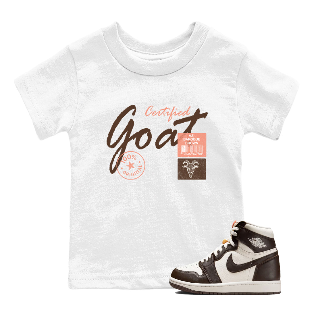 Sneaker match tees – Sneaker Tees To Match Air Jordan 1 Baroque Brown Shoes – Certified Goat Kids T-Shirt White 1