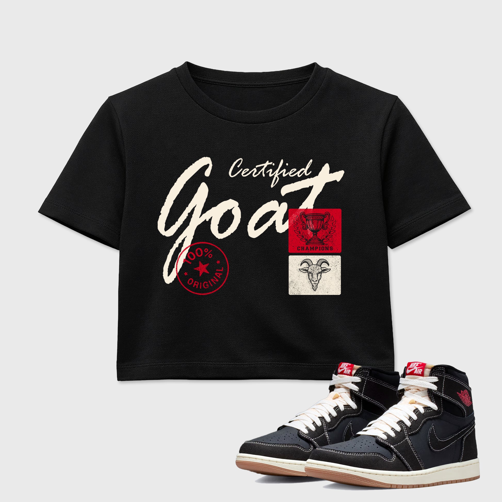 Sneaker match tees – Sneaker Tees To Match Air Jordan 1 Flight Club Shoes – Certified Goat Crop T-Shirt Black 1