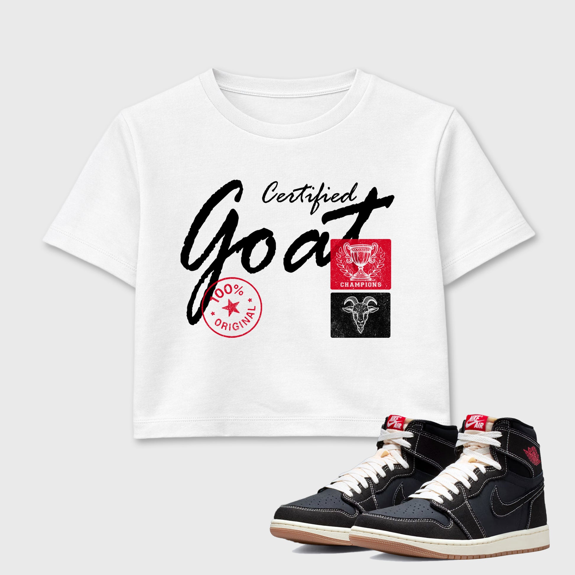Sneaker match tees – Sneaker Tees To Match Air Jordan 1 Flight Club Shoes – Certified Goat Crop T-Shirt White 1