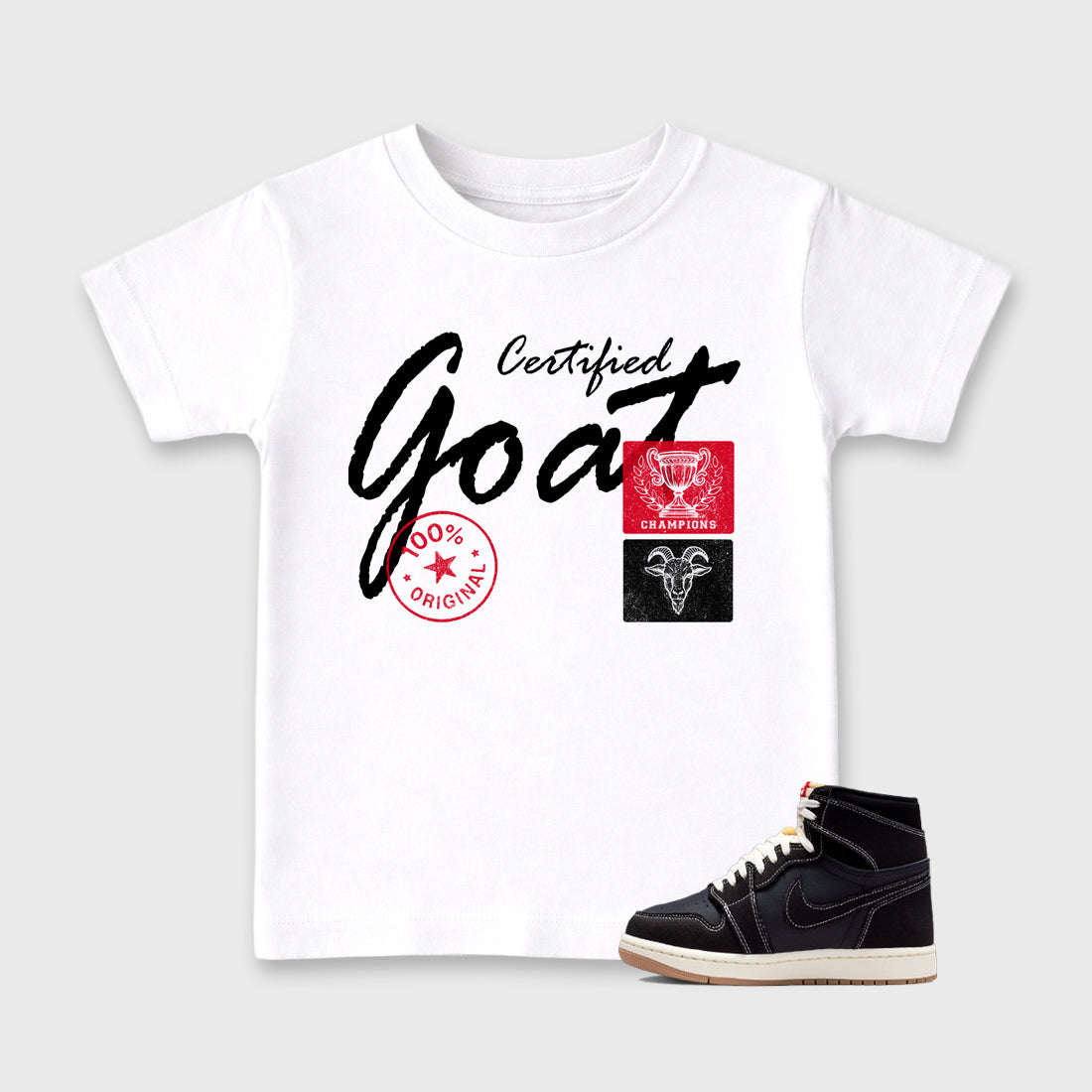 Sneaker match tees – Sneaker Tees To Match Air Jordan 1 Flight Club Shoes – Certified Goat Kids T-Shirt White 1