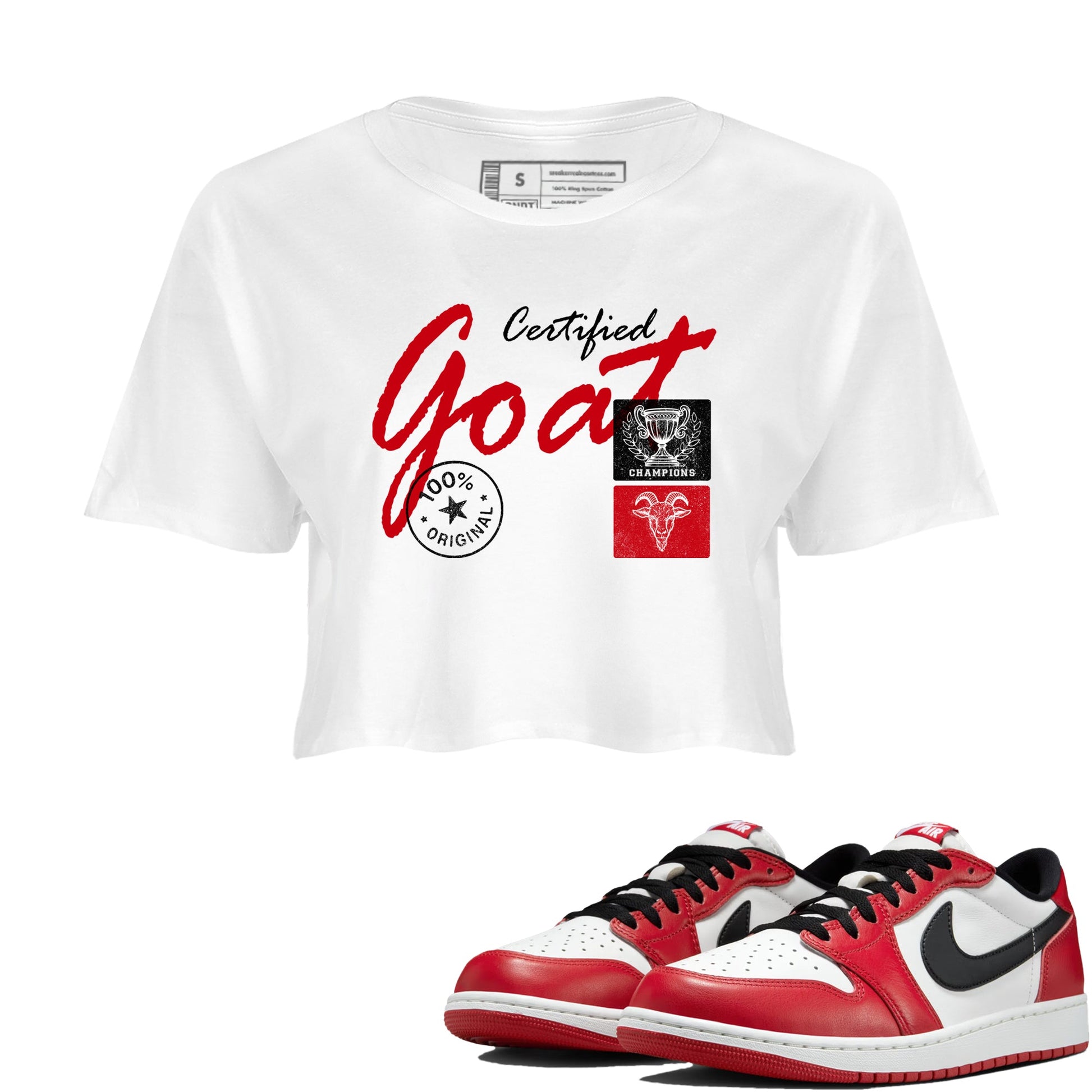 Best Sneakerfit graphic tee – Sneaker Tees To Match Air Jordan 1 Low Chicago Sneakers – Certified Goat Crop T-Shirt White 1