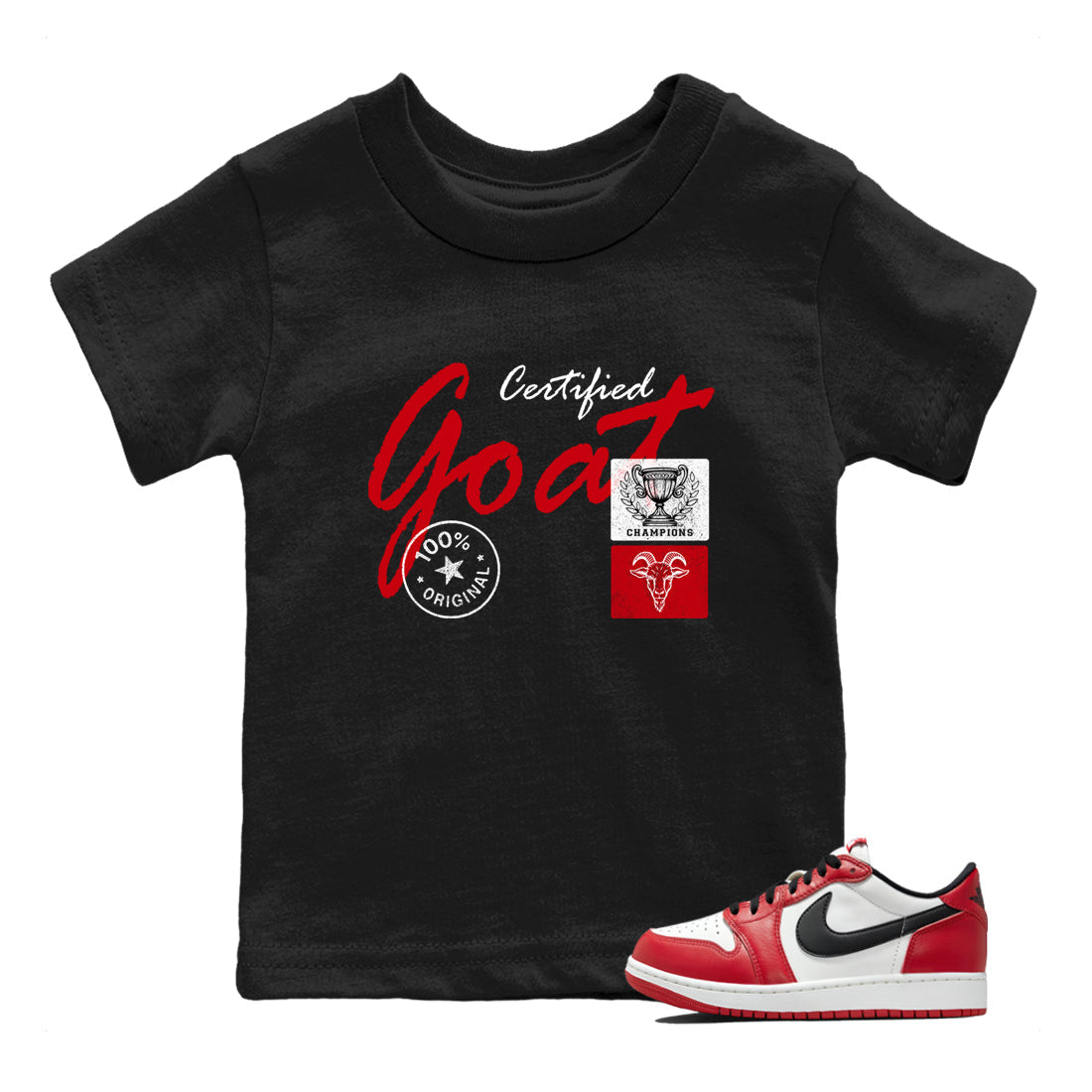 Best Sneakerfit graphic tee – Sneaker Tees To Match Air Jordan 1 Low Chicago Sneakers – Certified Goat Kids T-Shirt Black 1