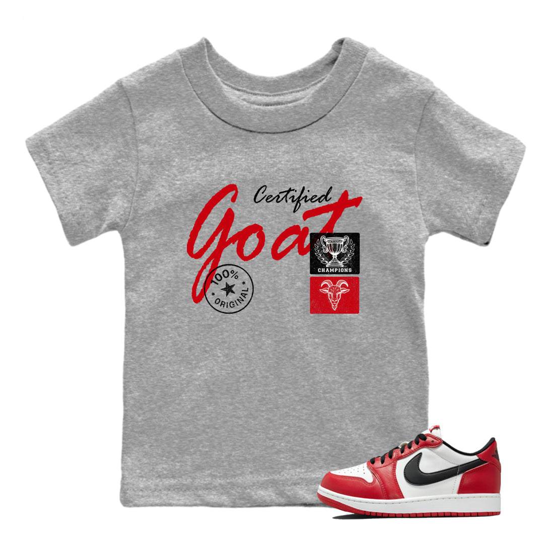 Best Sneakerfit graphic tee – Sneaker Tees To Match Air Jordan 1 Low Chicago Sneakers – Certified Goat Kids T-Shirt Heather Grey 1